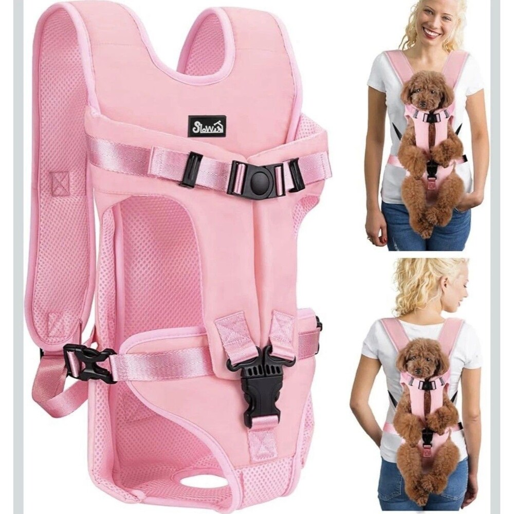 Slow Pet Front Dog Carrier Backpack Adjustable Wrap Around Hands Free Pink Small